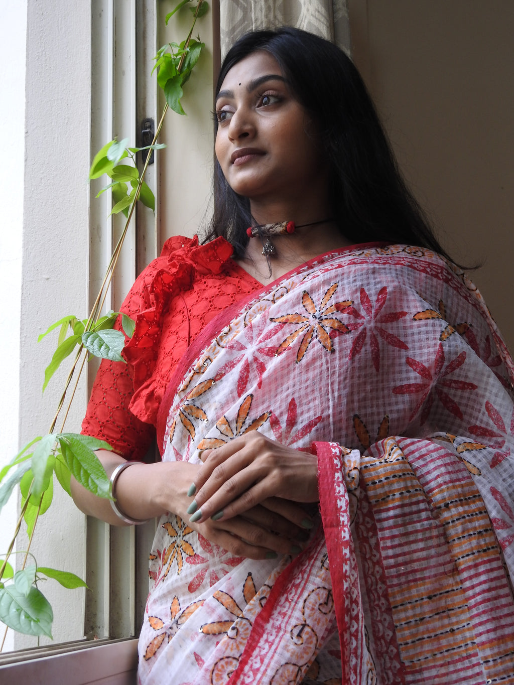 Hand Block Printed, Hand Stitch Cotton Saree — One of a Kind