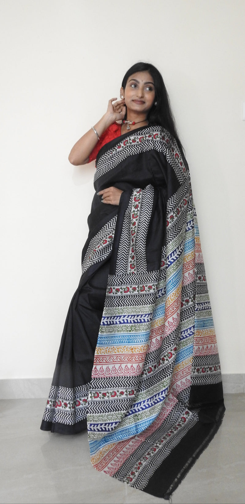 Black Hand Block Printed Bishnupur Silk Saree — One of a Kind