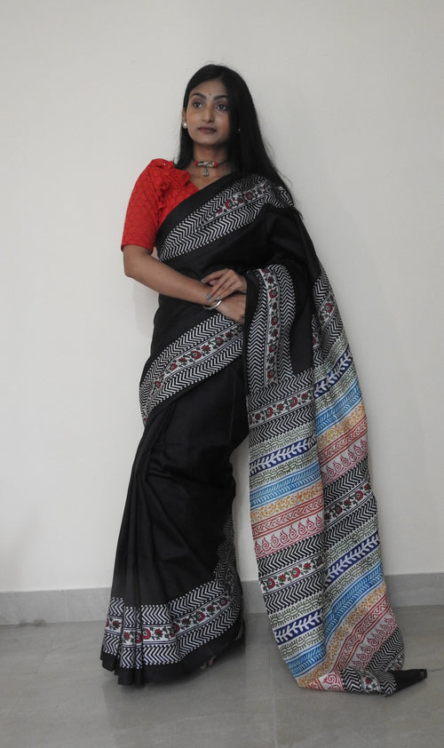Black Hand Block Printed Bishnupur Silk Saree — One of a Kind