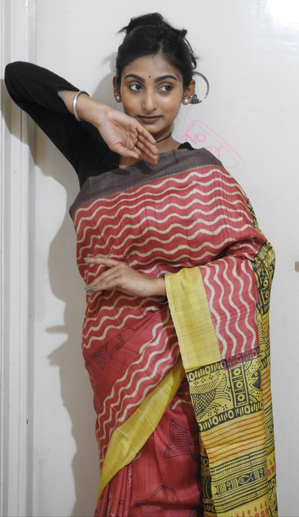 Red & Yellow Hand Block Printed Pure Gachi Tussar Silk Saree — One of a Kind