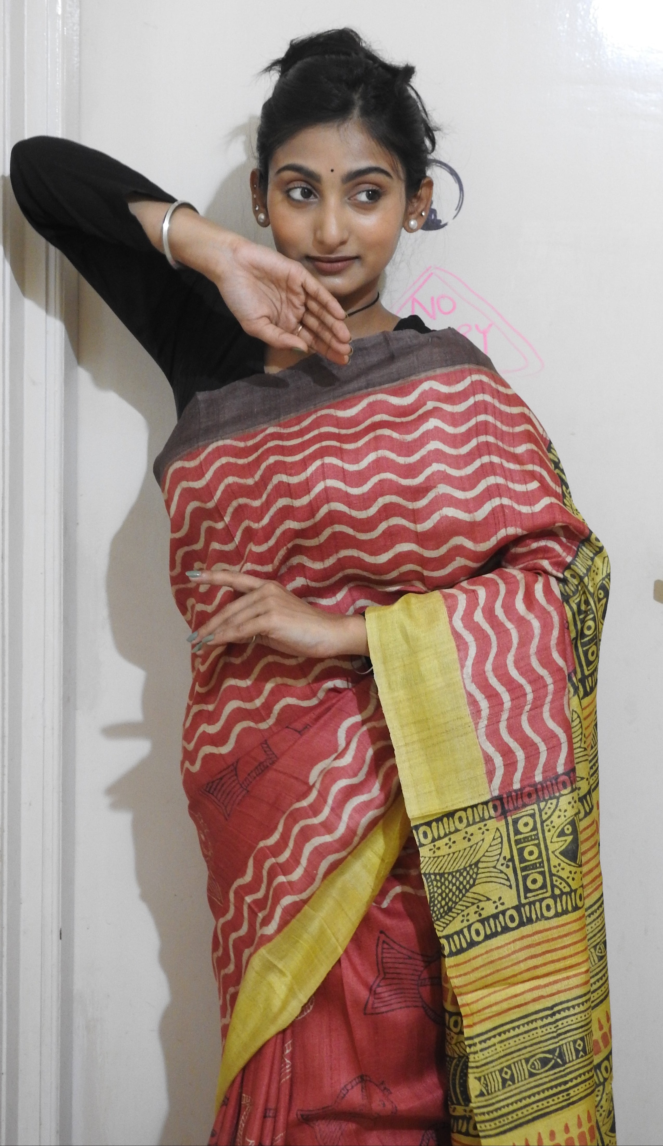 Red & Yellow Hand Block Printed Pure Gachi Tussar Silk Saree — One of a Kind
