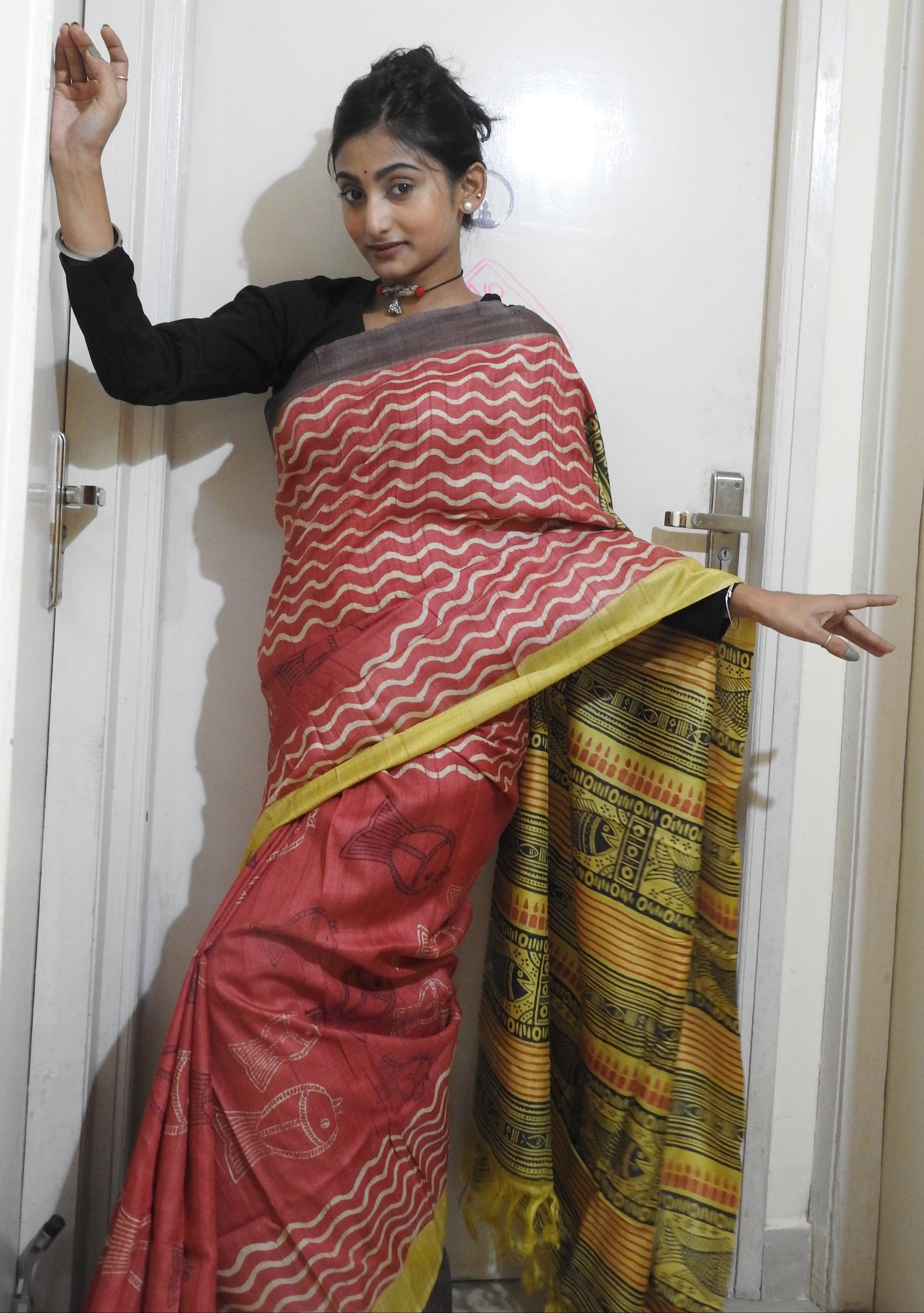 Red & Yellow Hand Block Printed Pure Gachi Tussar Silk Saree — One of a Kind