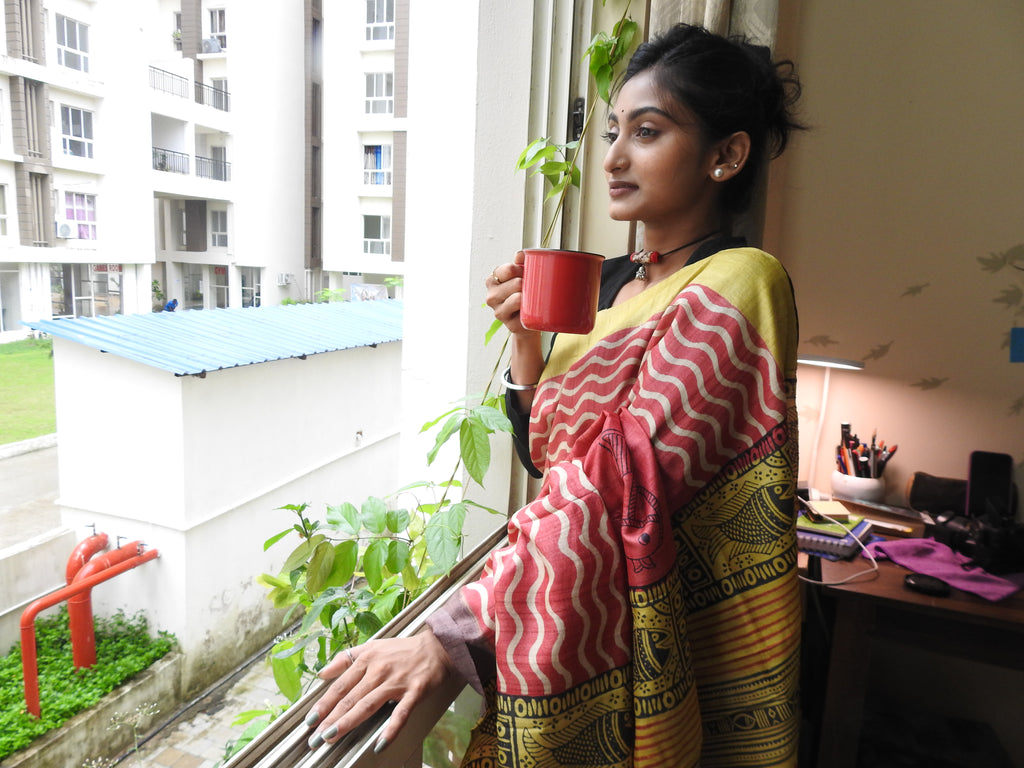 Red & Yellow Hand Block Printed Pure Gachi Tussar Silk Saree — One of a Kind