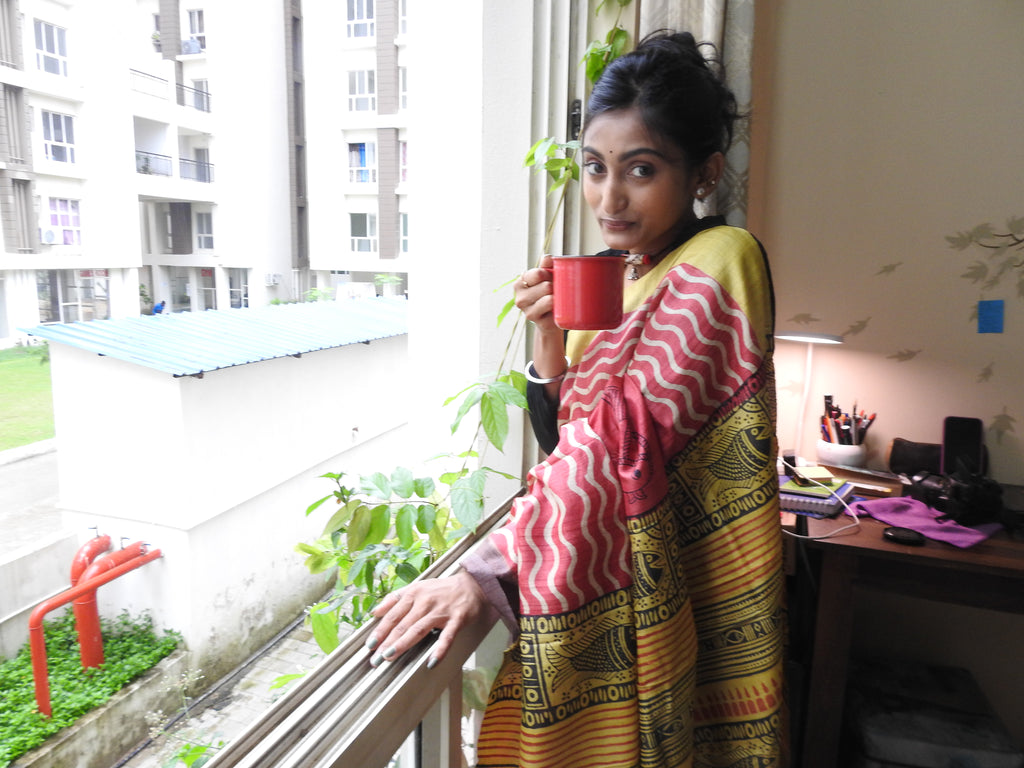 Red & Yellow Hand Block Printed Pure Gachi Tussar Silk Saree — One of a Kind