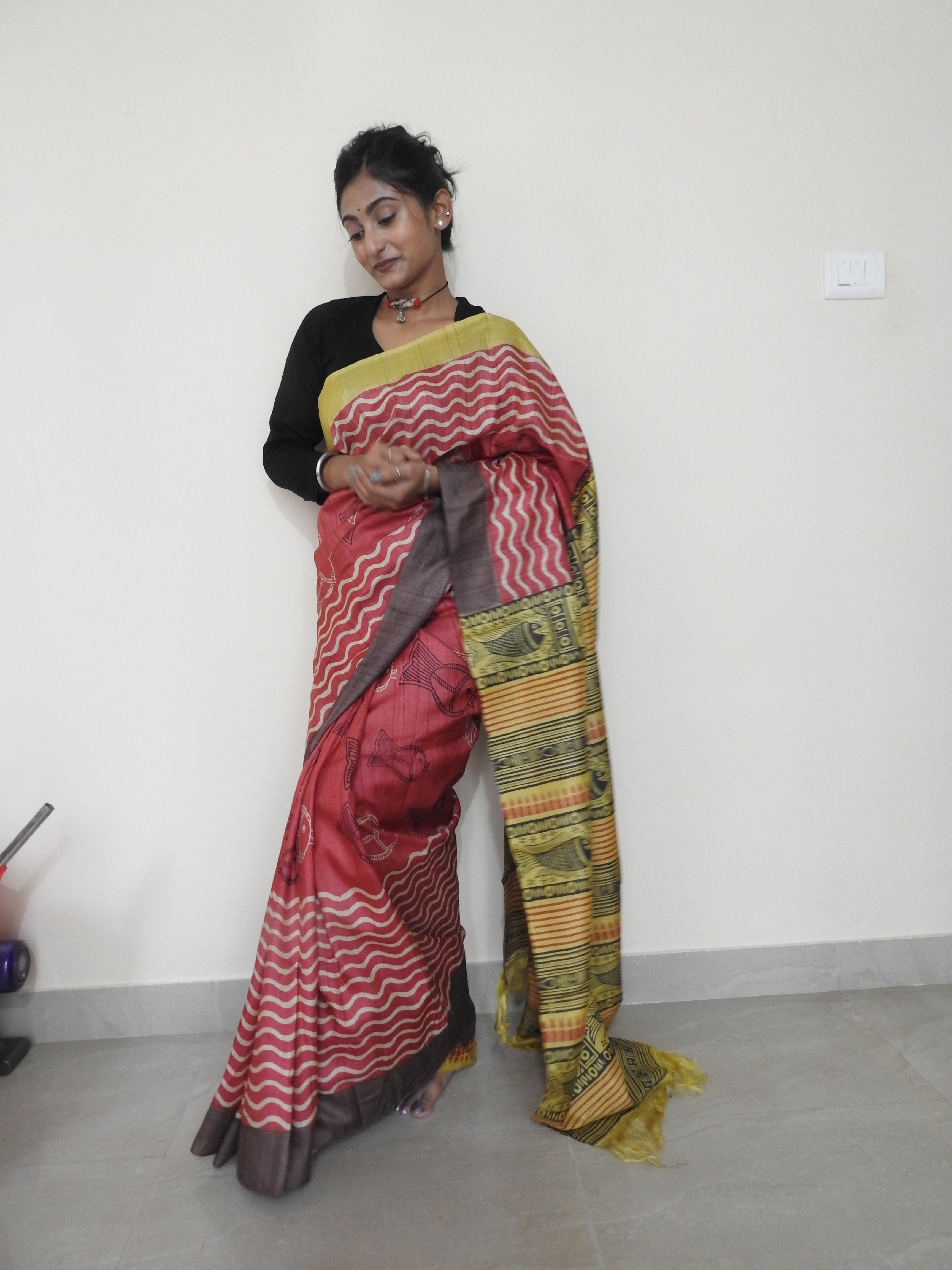 Red & Yellow Hand Block Printed Pure Gachi Tussar Silk Saree — One of a Kind