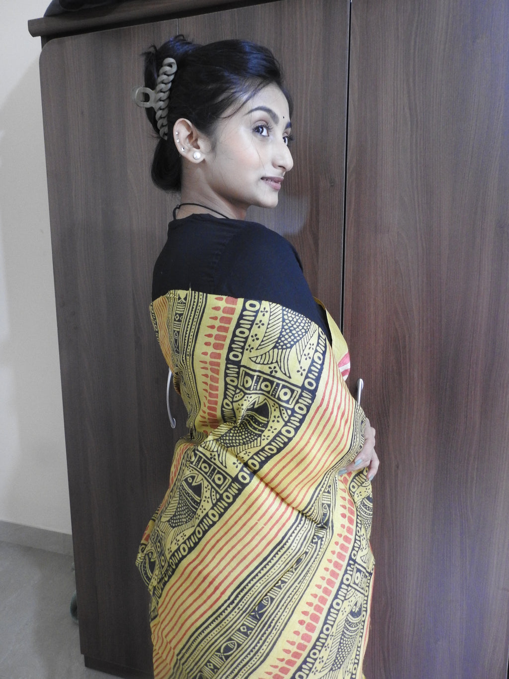 Red & Yellow Hand Block Printed Pure Gachi Tussar Silk Saree — One of a Kind
