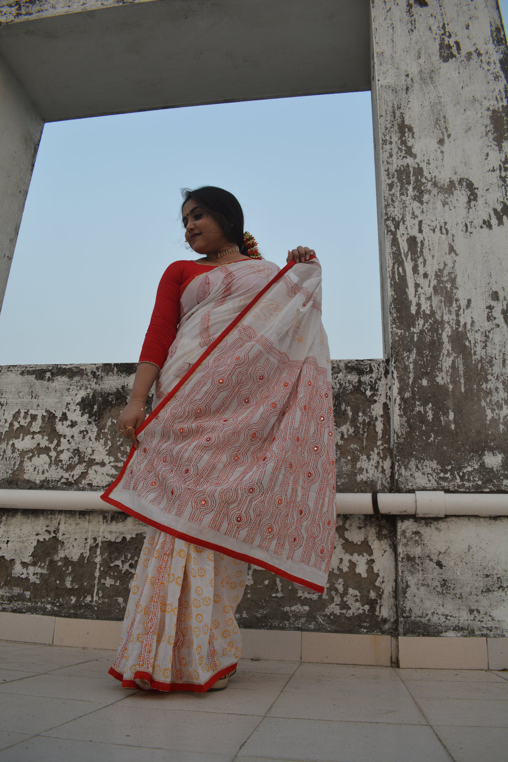 Cotton hand stitched saree — One of a Kind