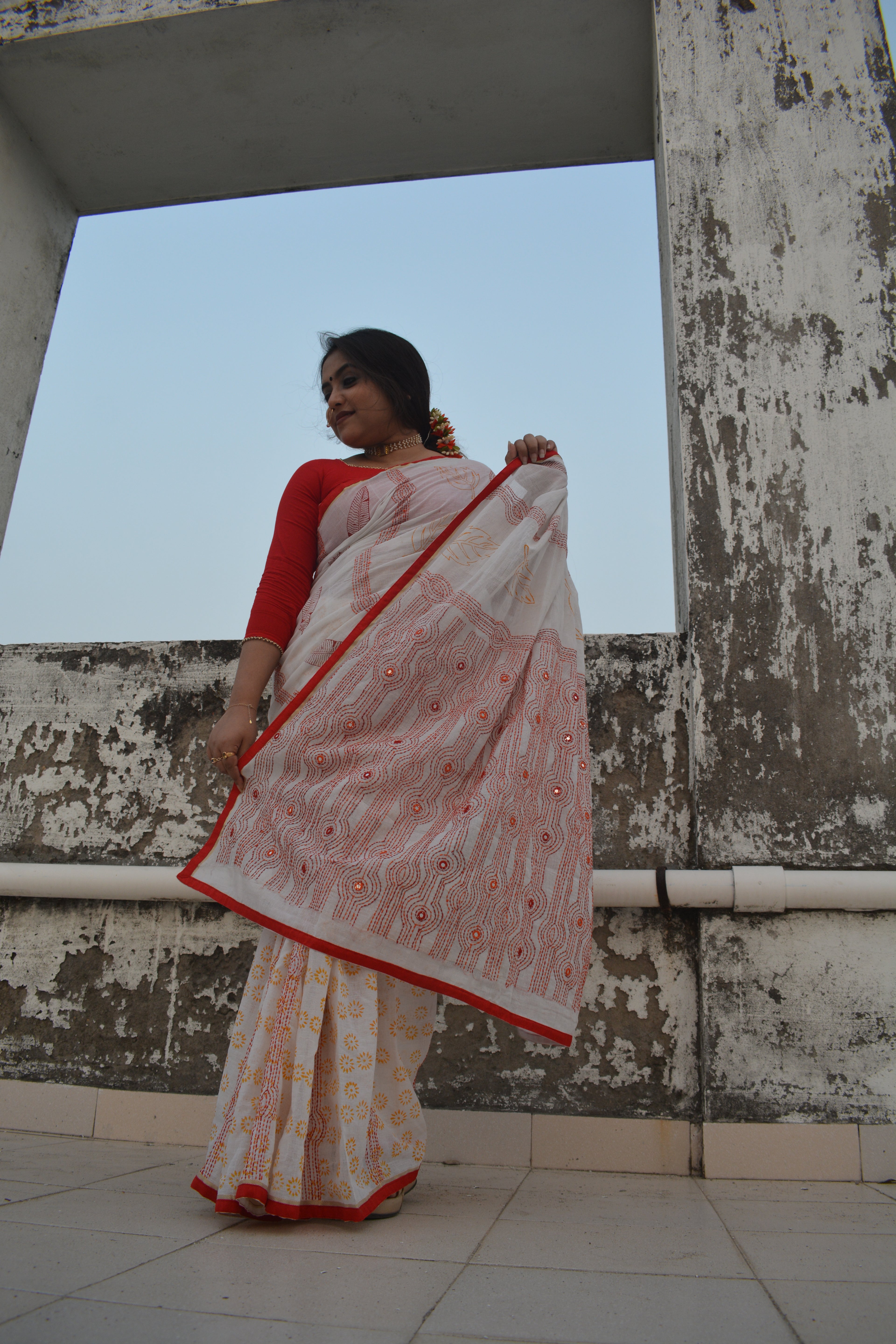 Cotton hand stitched saree — One of a Kind