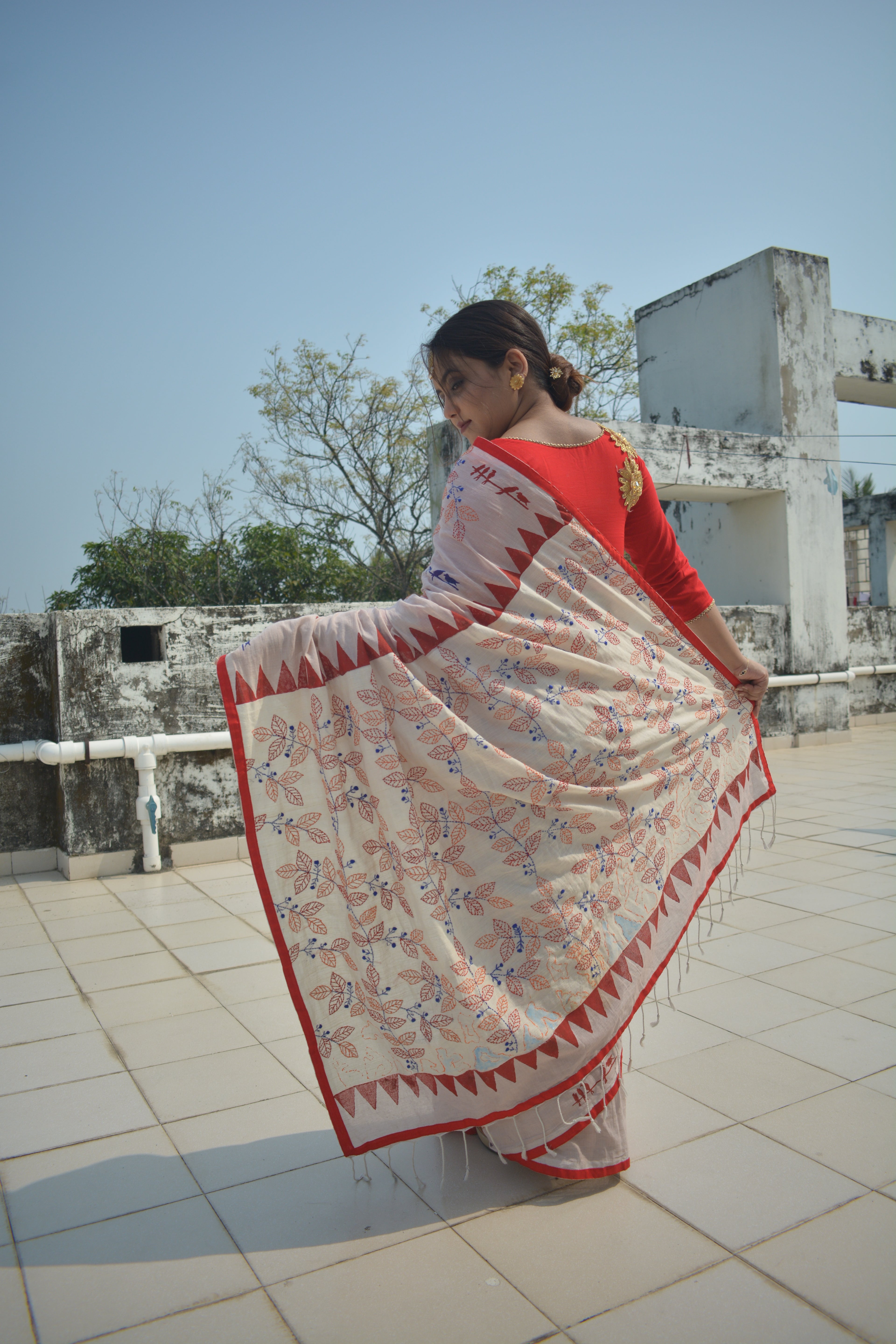 Cotton hand stitched saree — One of a Kind