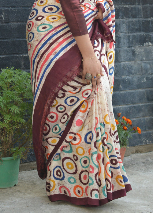 Hand Batik on Murshidabad Silk Saree – One of a Kind