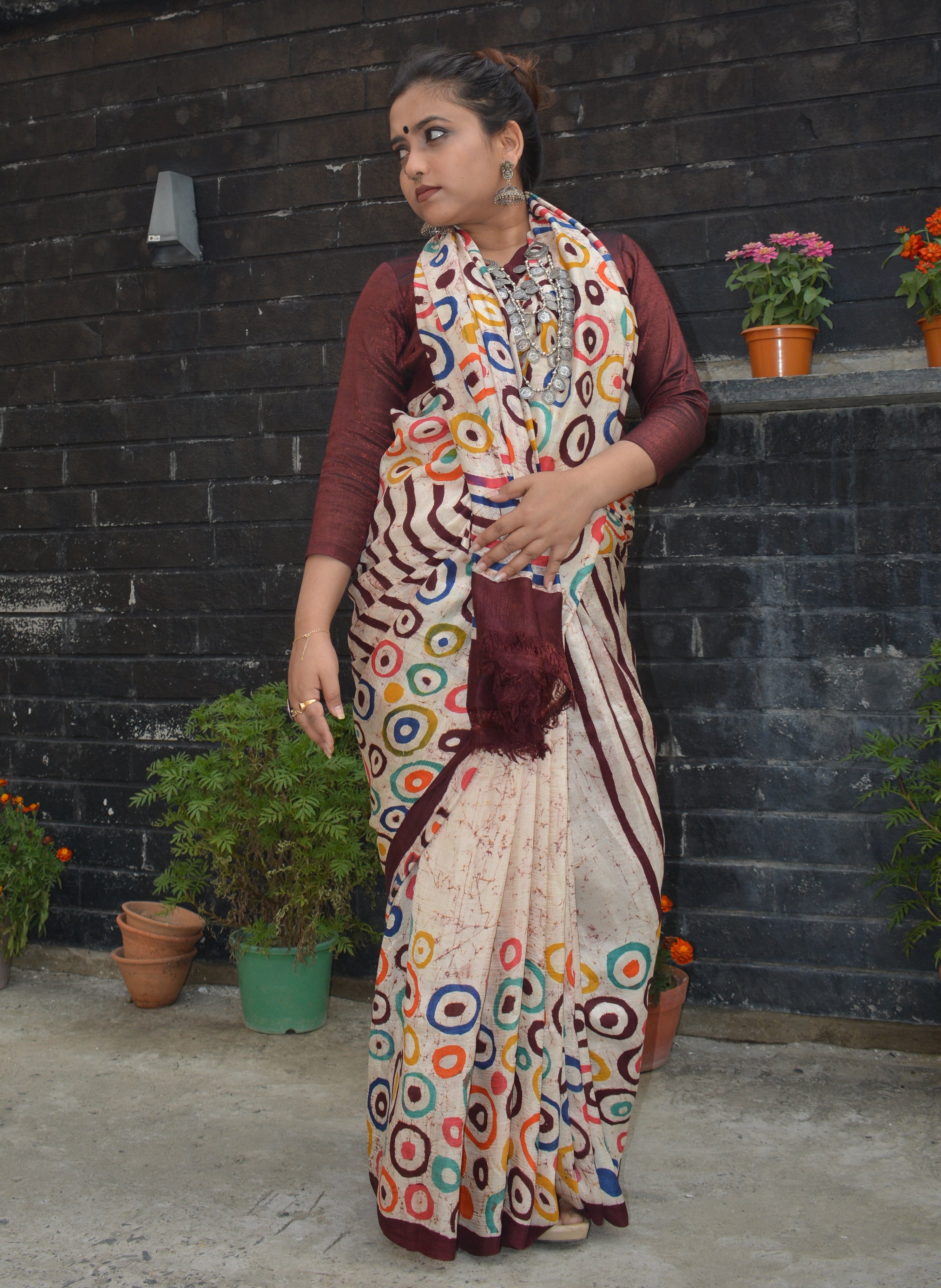 Hand Batik on Murshidabad Silk Saree – One of a Kind