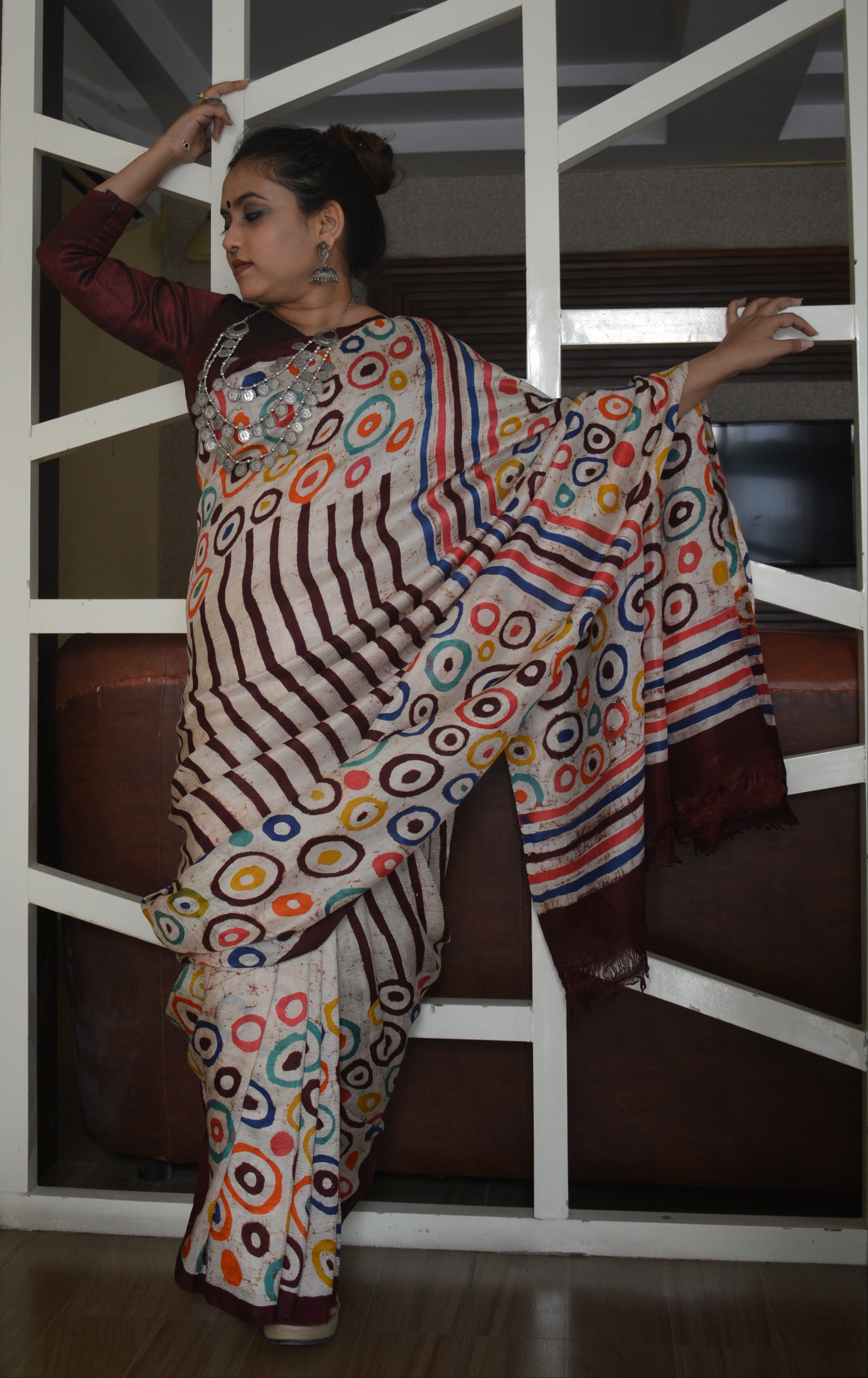 Hand Batik on Murshidabad Silk Saree – One of a Kind