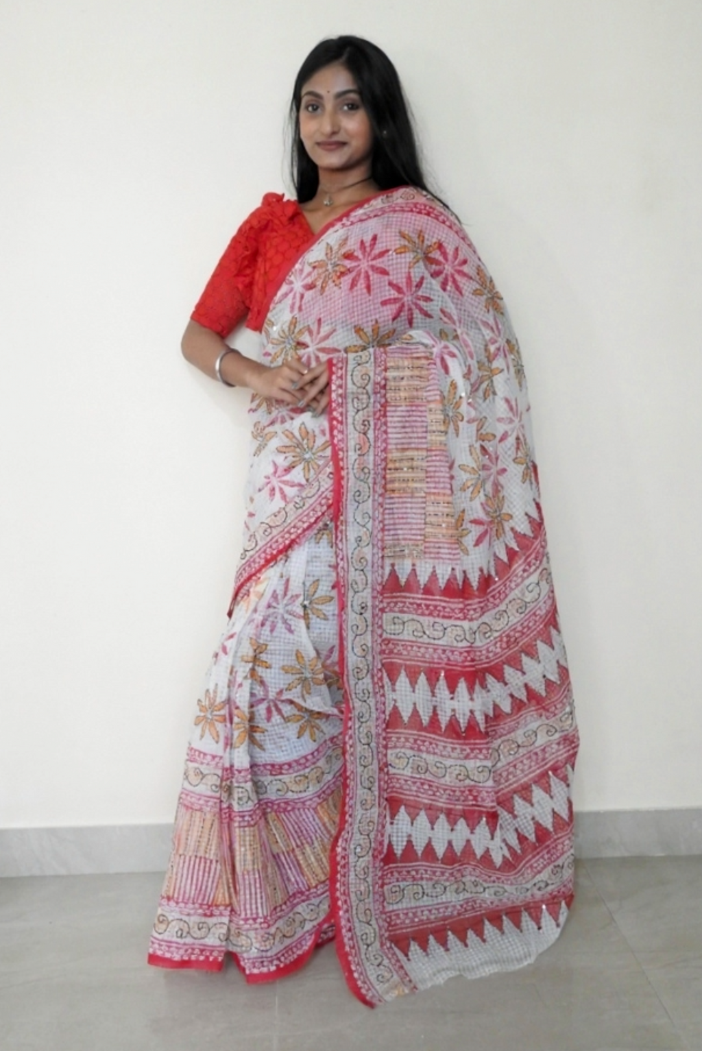 Hand Block Printed, Hand Stitch Cotton Saree — One of a Kind